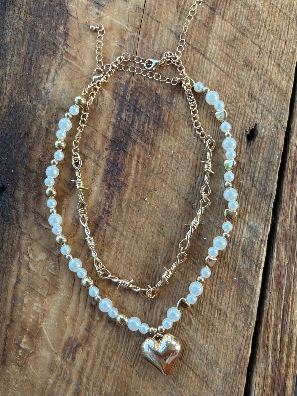 Gold Heart Pendant Layered Barbed Necklace with White Beads 17"